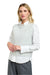 Woman wearing a 365 Women's Penelope Sequins Shirt. A light gray sweater over a white shirt with a plain background. 