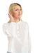 Close up of a woman wearing a 365 Women's Layla Cotton Top. A white blouse with gold buttons on a white background