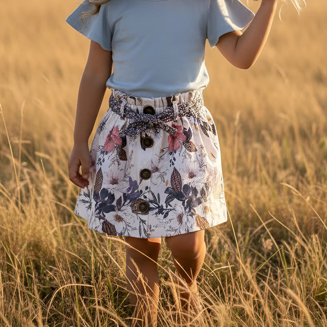 Person wearing a floral skirt and light blue top standing in tall grass.