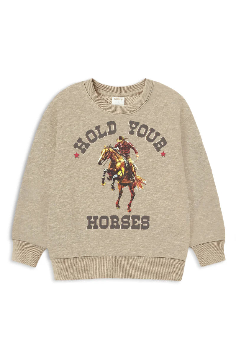 Child wearing a sweatshirt with a horse graphic in front of a white fence.
