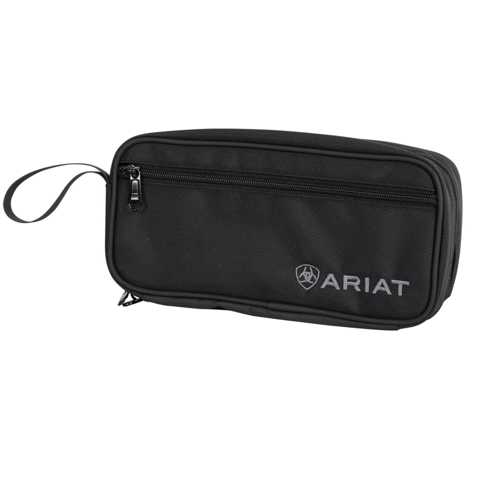 A black Ariat toiletries bag with multiple compartments and a carry handle.