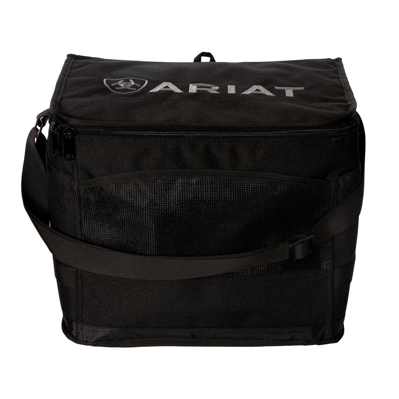 Black saddle cooler bag with the brand 'ariat' written on the top side.