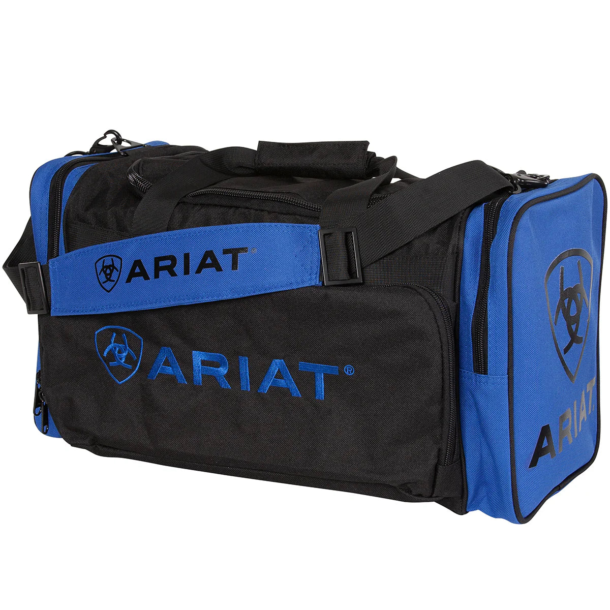 Ariat Junior Gear Bag. A black and brown Ariat junior gear bag with zippered end pockets and a detachable shoulder strap, featuring the Ariat logo on the side.
