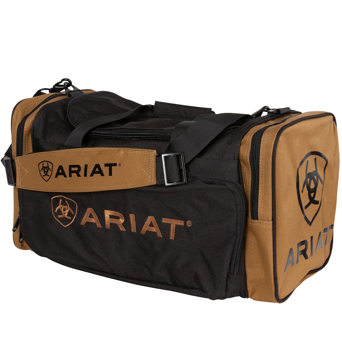 Ariat Junior Gear Bag. A black and brown Ariat junior gear bag with zippered end pockets and a detachable shoulder strap, featuring the Ariat logo on the side.