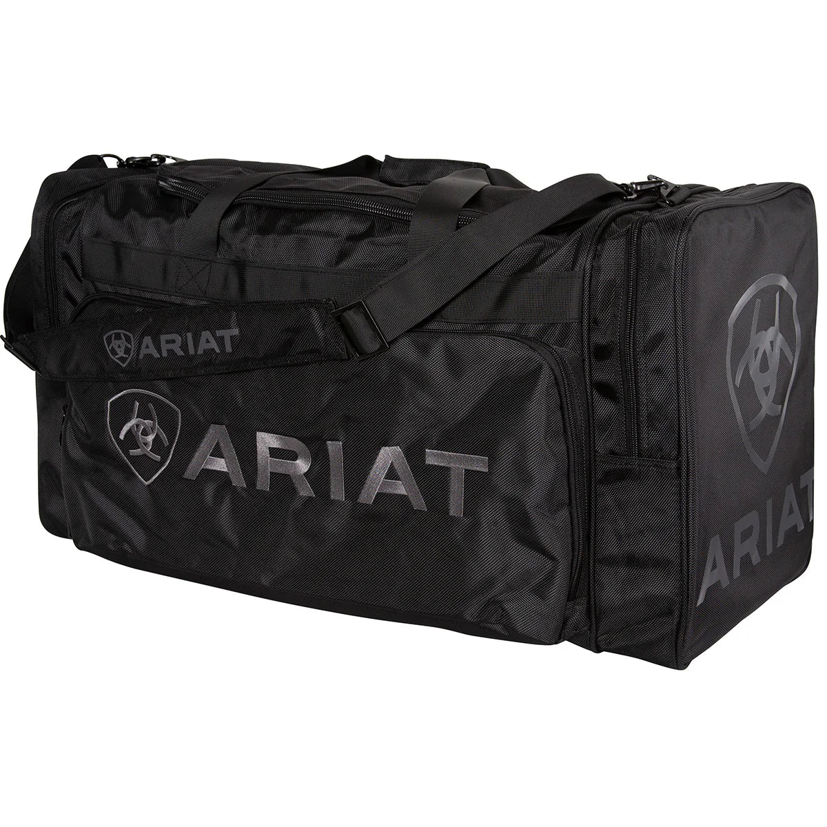 Ariat Full Size Gear Bag. Black and brown duffel bag with Ariat logo on a white background