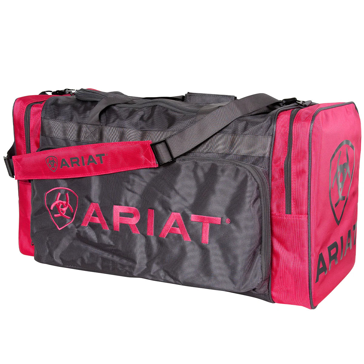 Ariat Full Size Gear Bag. Pink and gray duffel bag with Ariat logo on a white background