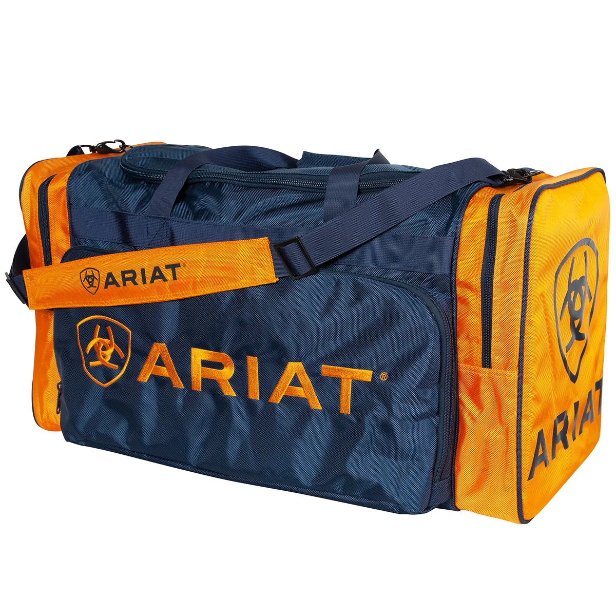 Ariat Full Size Gear Bag. Blue and orange duffel bag with Ariat logo on a white background