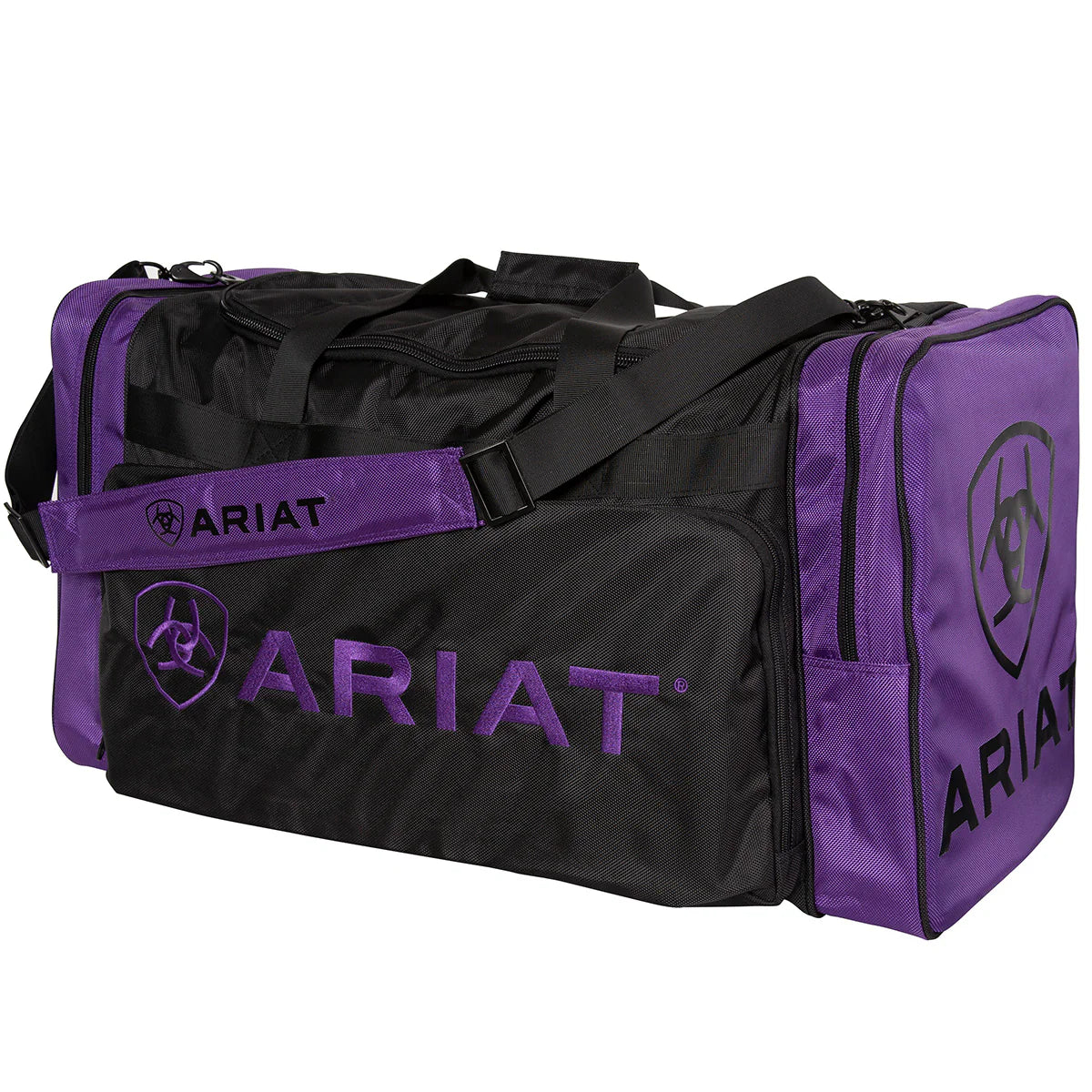 Ariat Full Size Gear Bag. Black and purple duffel bag with Ariat logo on a white background