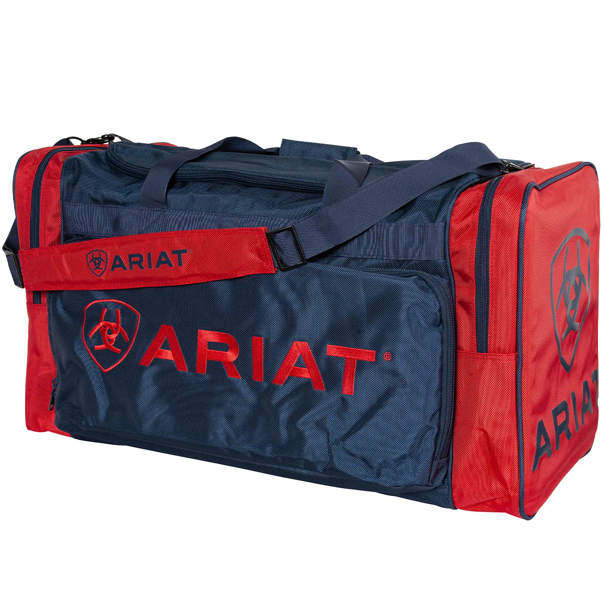 Ariat Full Size Gear Bag. Navy and red duffel bag with Ariat logo on a white background