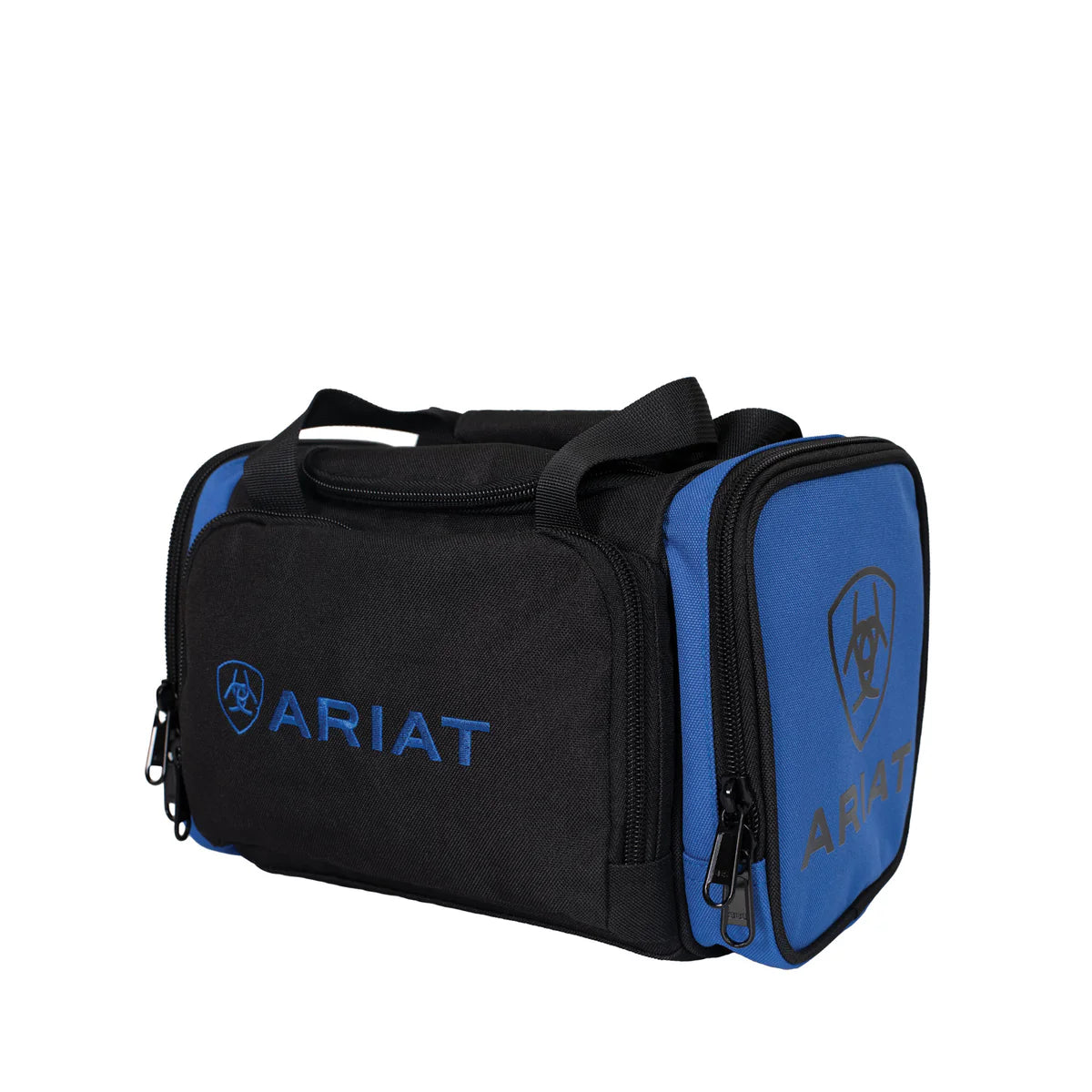 Ariat Vanity Bag. Black and blue duffel bag with Ariat logo on a white background