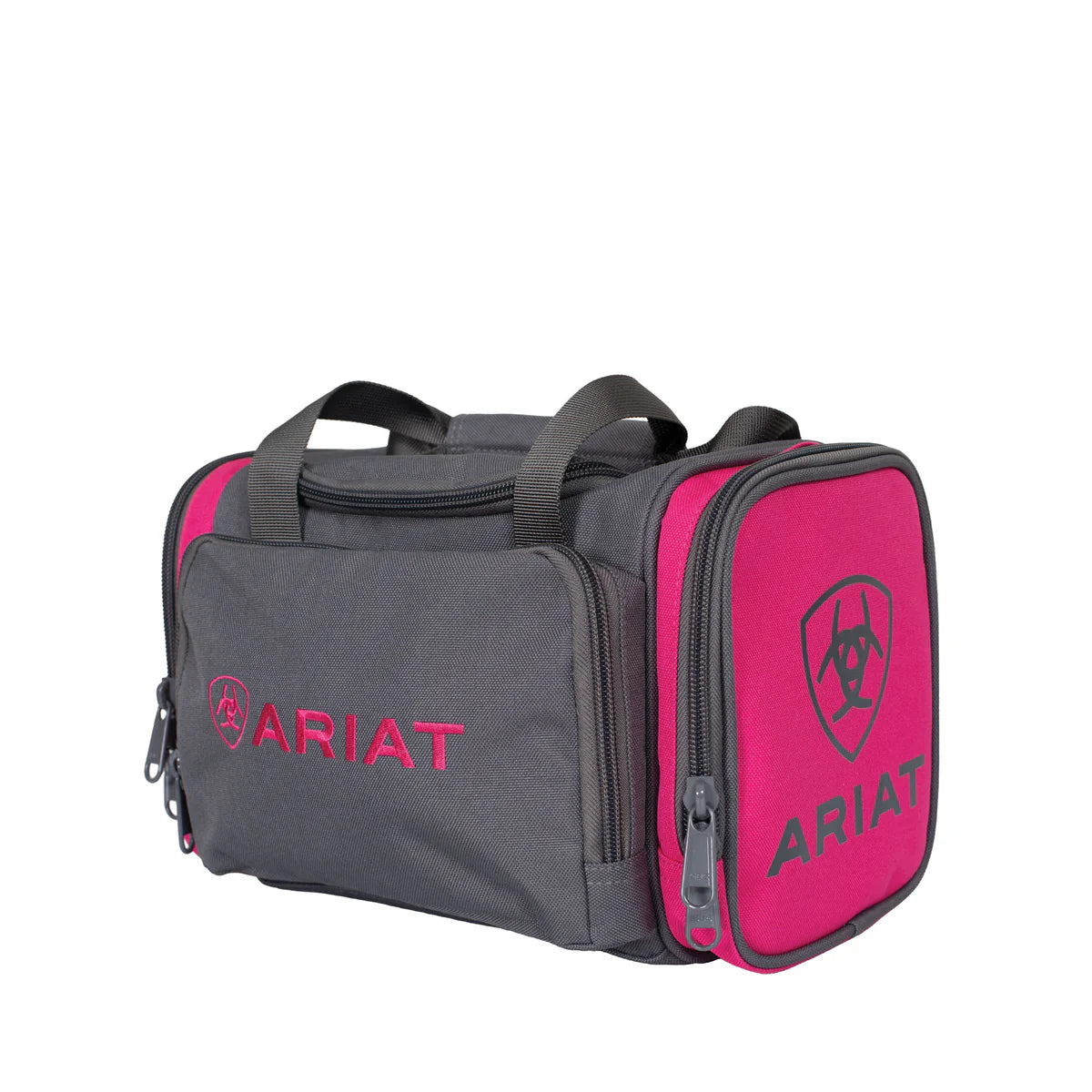 Ariat Vanity Bag. Gray and pink Ariat shoe bag on a white background