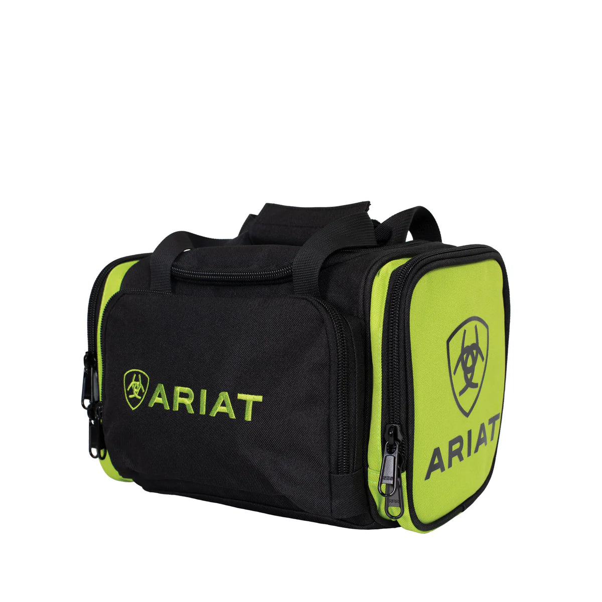 Ariat Vanity Bag. Black and green duffel bag with Ariat logo on a white background