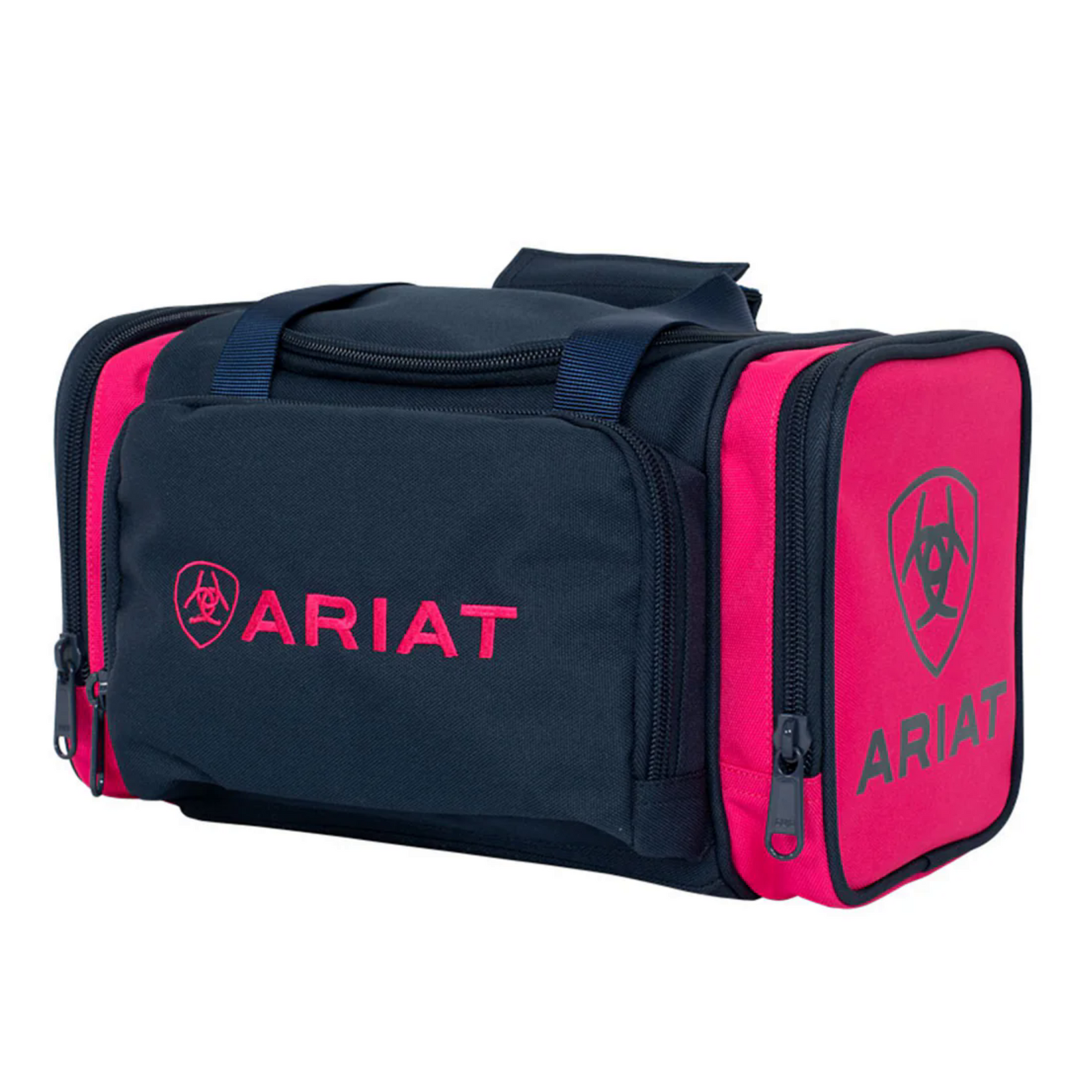 A black Ariat vanity bag with the brand's logos on the side, featuring a sleek design with multiple compartments and a top carry strap.