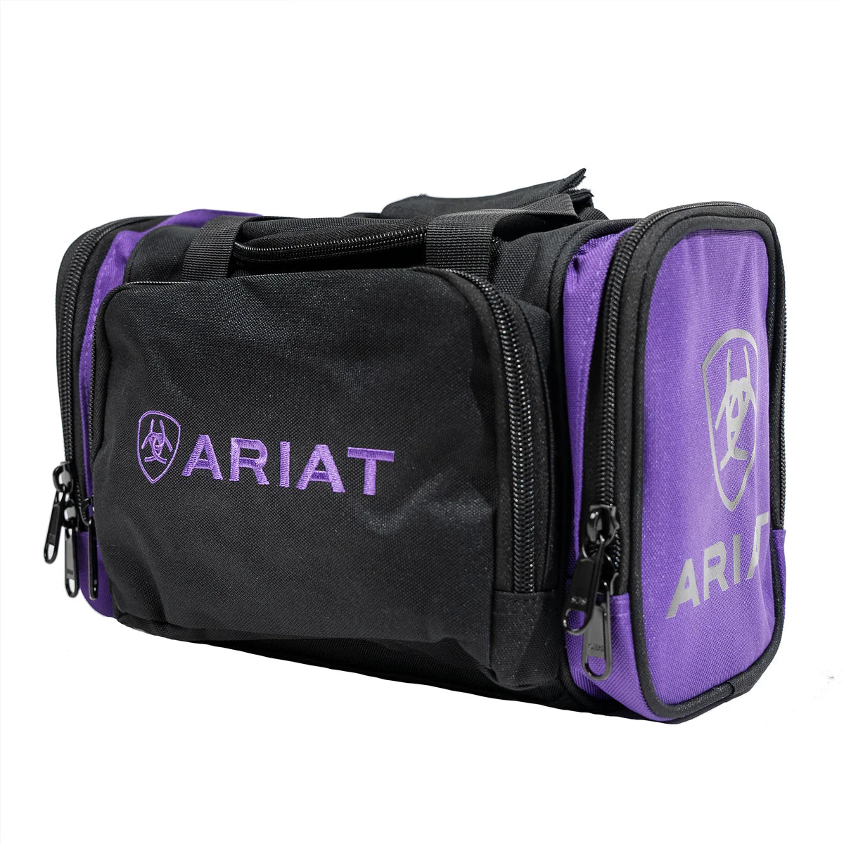 Ariat Vanity BagBlack and purple duffel bag with Ariat logo on a white background 