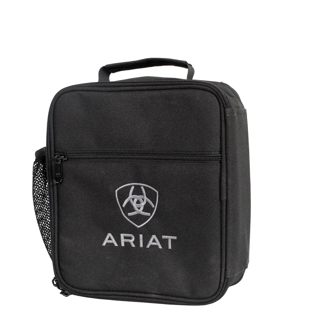 Ariat Lunch Bag. A black Ariat branded lunch bag with a front zip pocket, side water bottle pocket and carry handle.