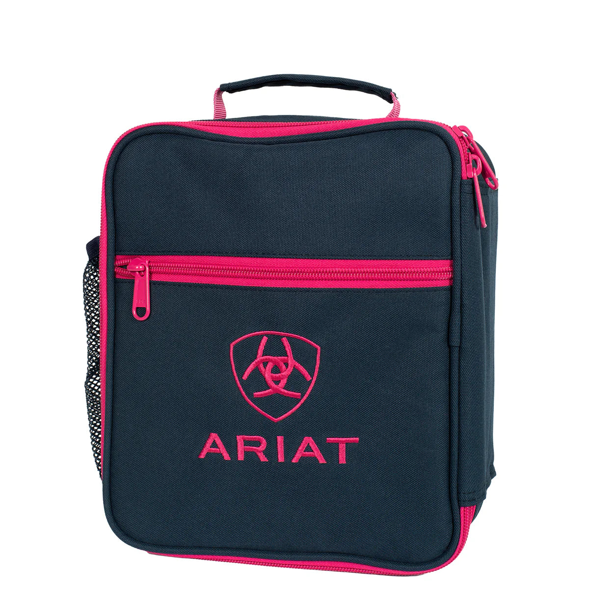 Ariat Lunch Bag. A black Ariat branded lunch bag with a front zip pocket, side water bottle pocket and carry handle.