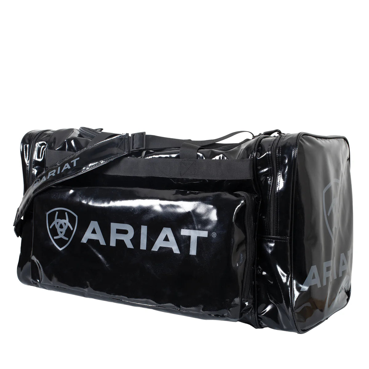 Ariat PVC Gear Bag. Black duffel bag with Ariat logo on a white background