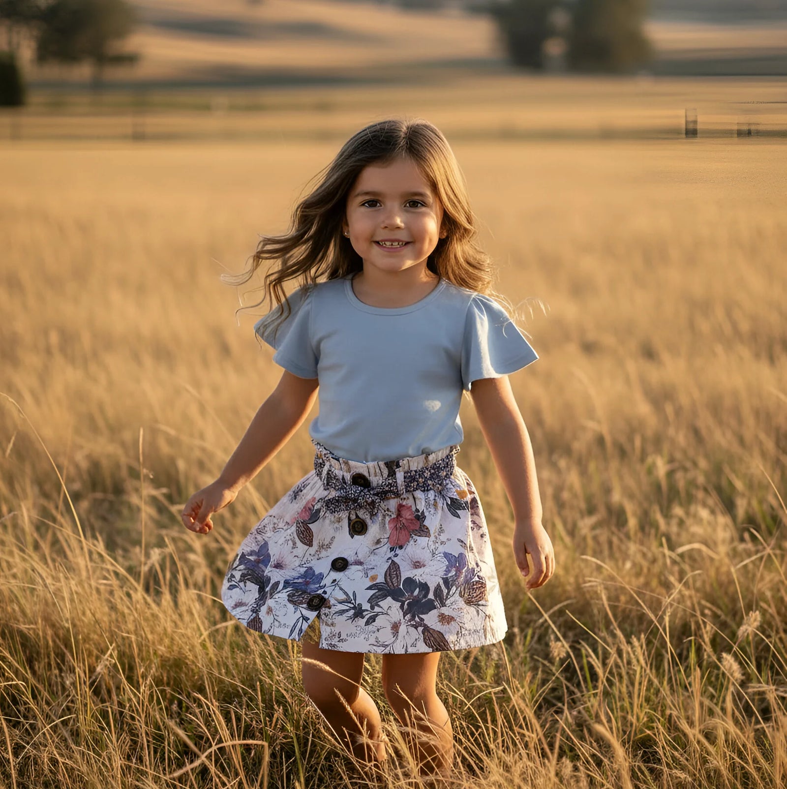 Young girl in a light blue top and floral skirt standing in a golden field with a scenic background.