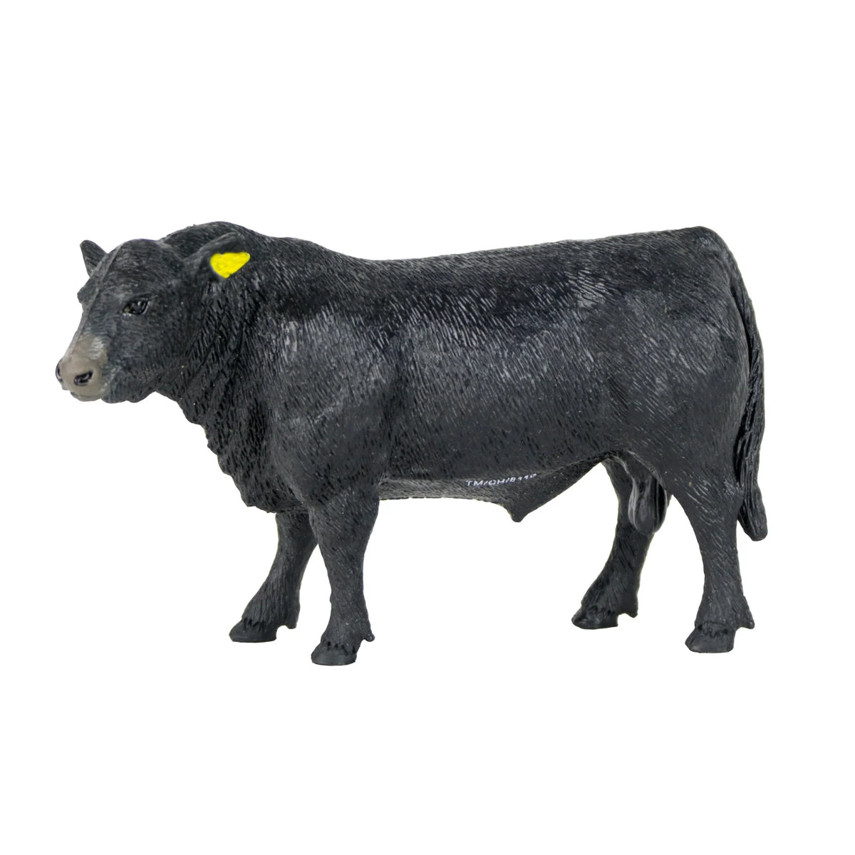 Big Country Toys Angus Bull. Black bull figure with a yellow tag on a white background