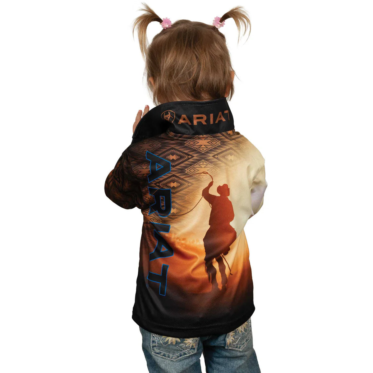 Ariat Kids Rodeo Roper Fishing Shirt. Child wearing a jacket with a scenic design on a white background