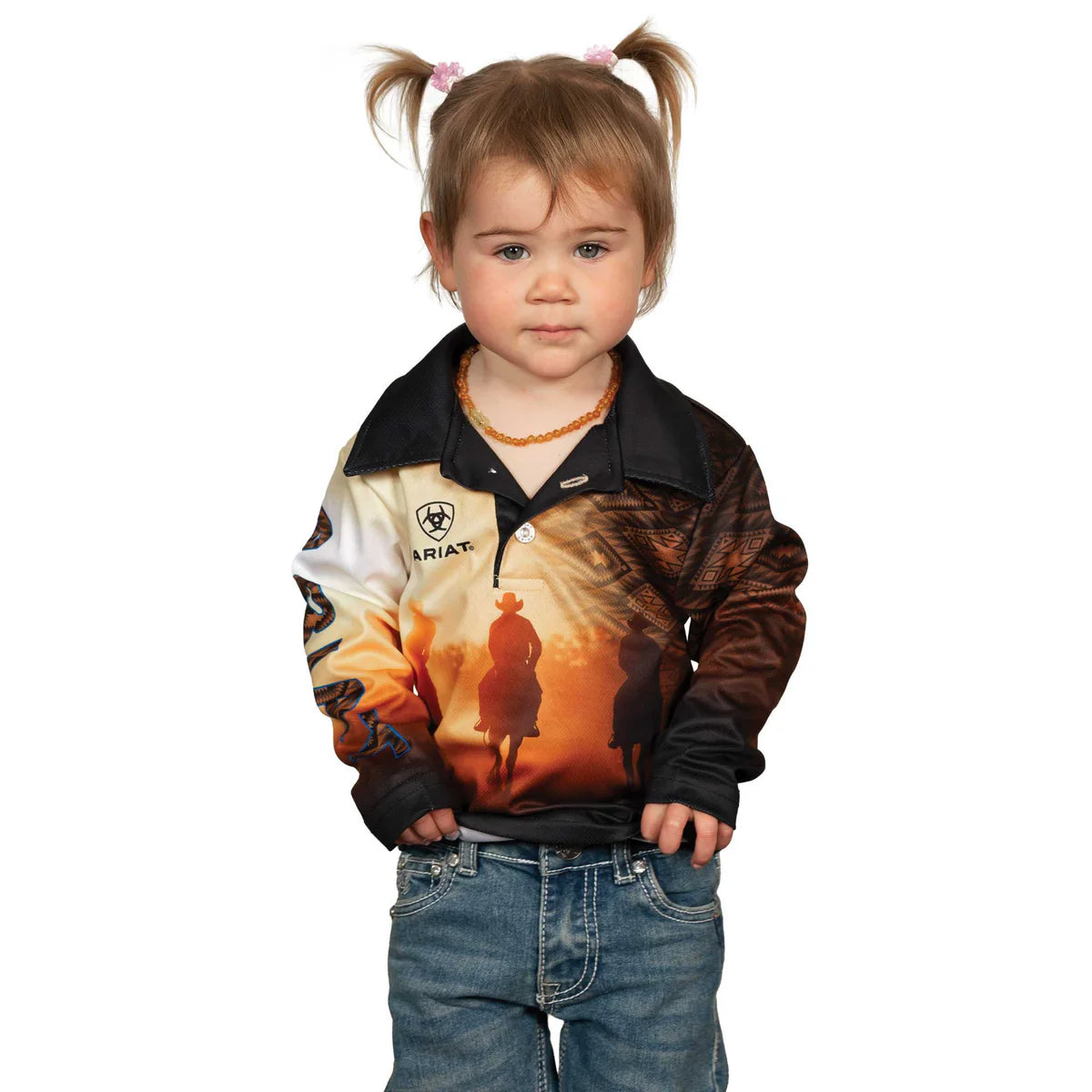 Ariat Kids Rodeo Roper Fishing Shirt. Child wearing a jacket with a scenic design on a white background