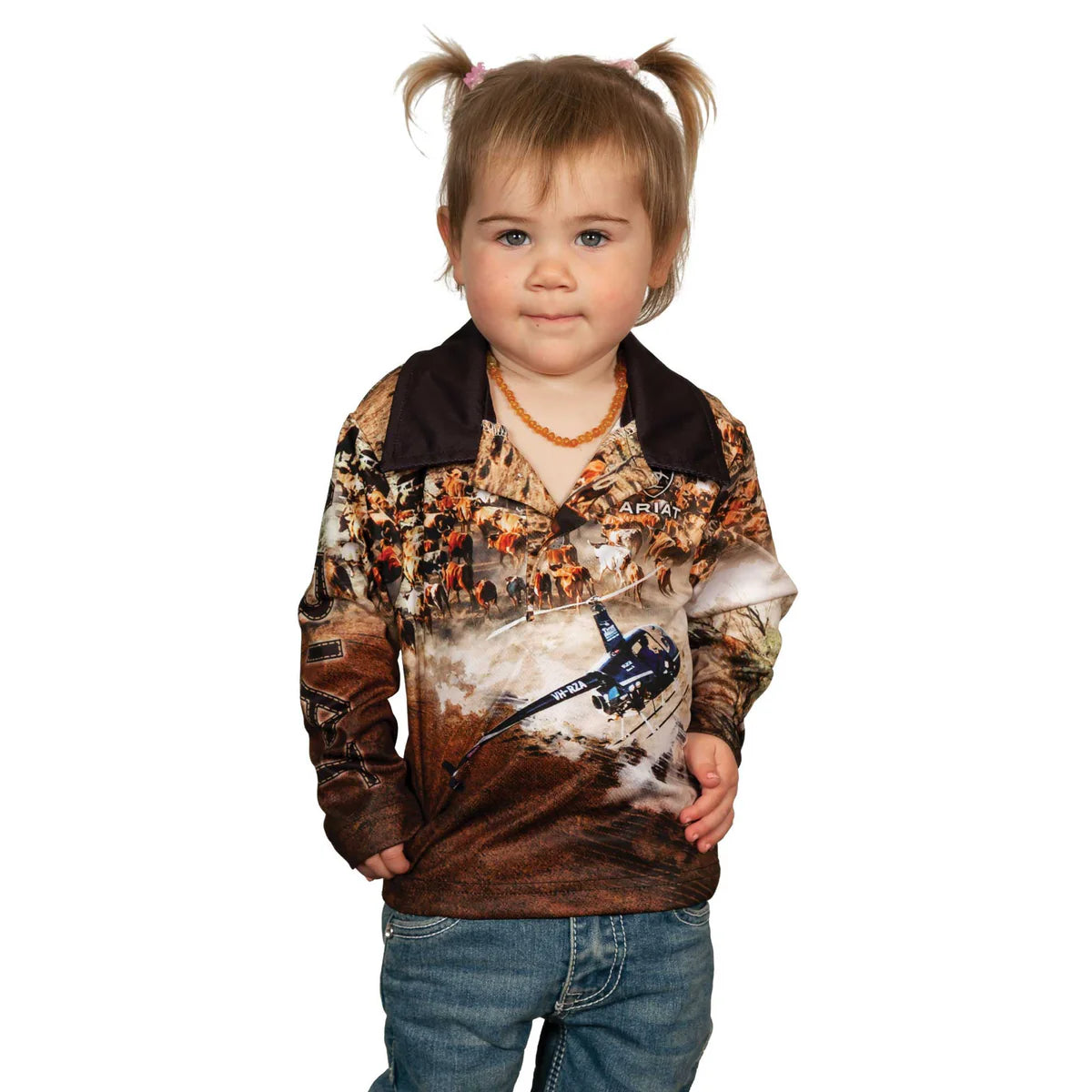 Ariat Kids Helimustering Fishing Shirt. Child wearing a camouflage-patterned shirt with a graphic design on a white background