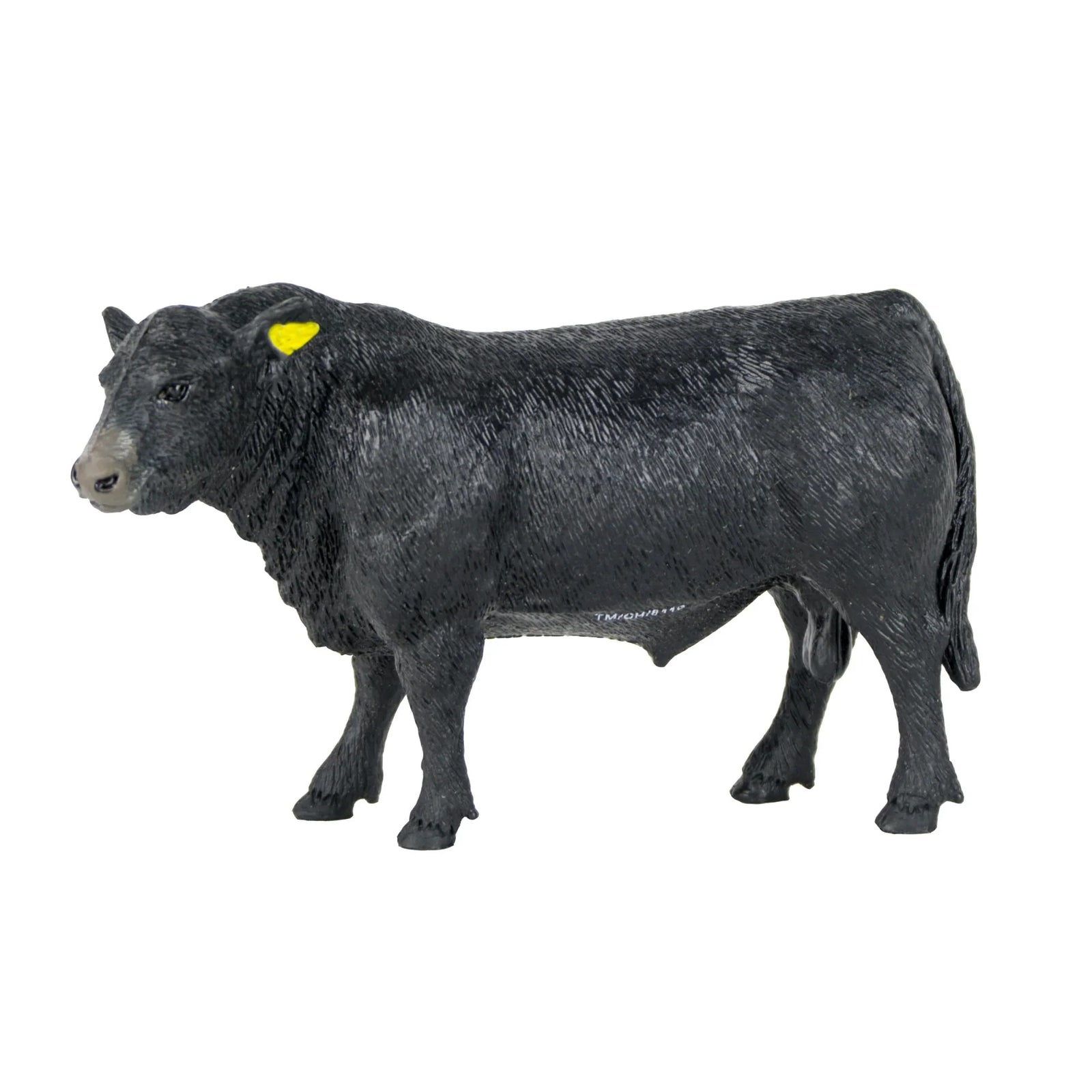 Big Country Toys Angus Bull. Black bull figure with a yellow tag on a white background