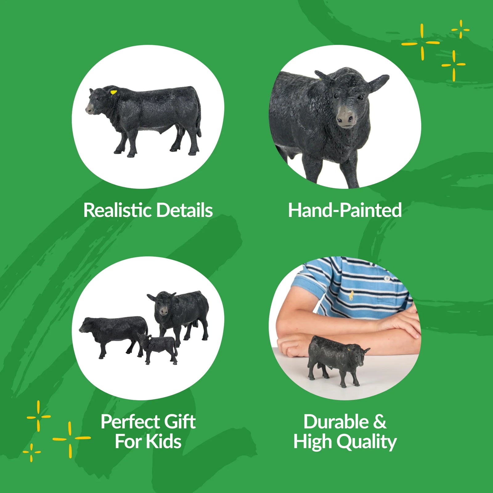 Big Country Toys Angus Bull. Black bull figure with a yellow tag on a white background