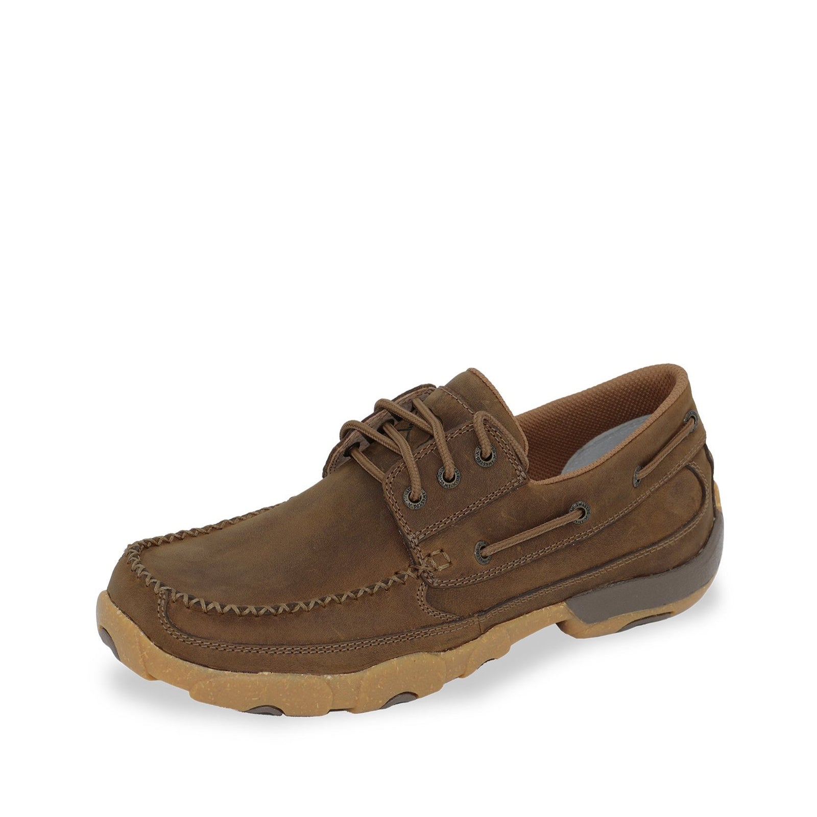 Twisted X Men's Driving Mocs Boat Lace Up. A brown Twisted X Men's Driving Moc with a boat lace up design, featuring a rubber outsole and a leather upper.