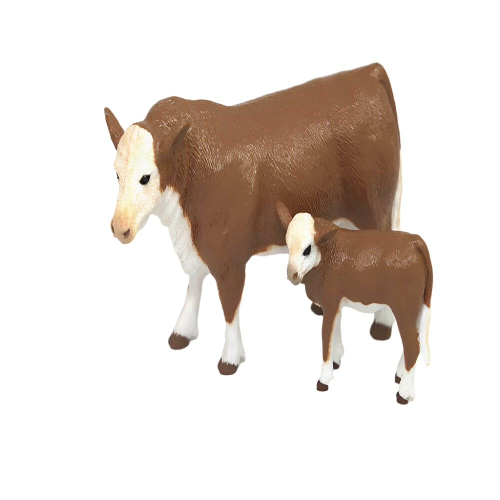 Big Country Toys Hereford Cow & Calf. A toy representation of a Hereford cow and calf, predominantly brown and white in color, designed for farm play.