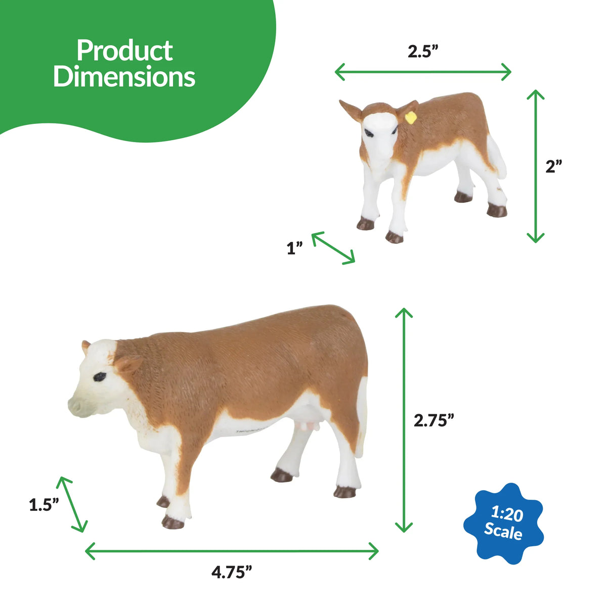 Big Country Toys Hereford Cow & Calf. Dimensions of cow and calf figurines with scale and measurement labels.