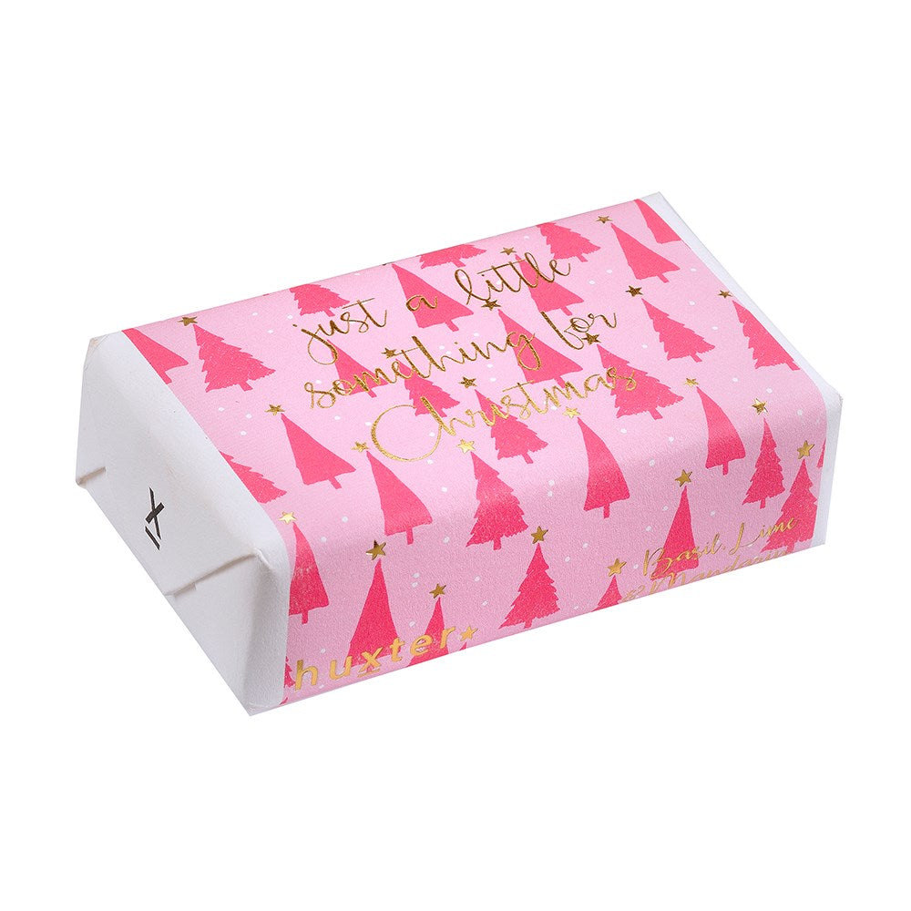 Raspberry Christmas Tress Soap. Pink gift box with Christmas tree pattern and text on a white background