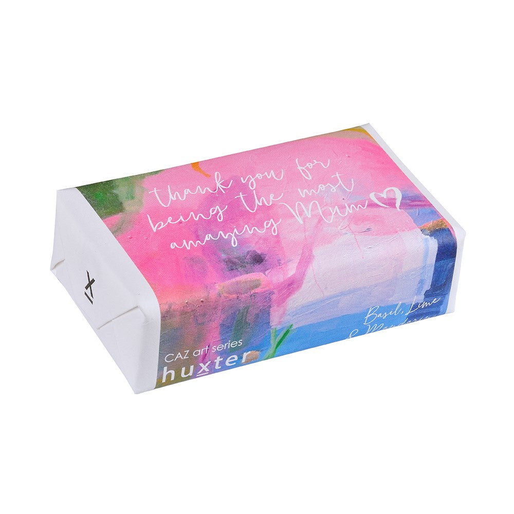 Huxter CAZ Rosebud Rise Soap. A packaged bar of Huxter soap with a multicolored design and text that reads 'Thank you for being the most Amazing Mum'