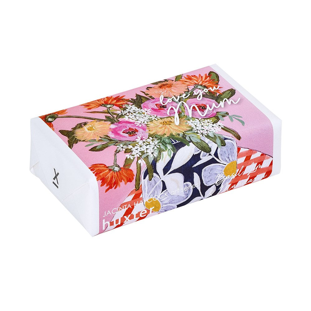 Floral-themed product packaging with 'love you mum' text on a white background