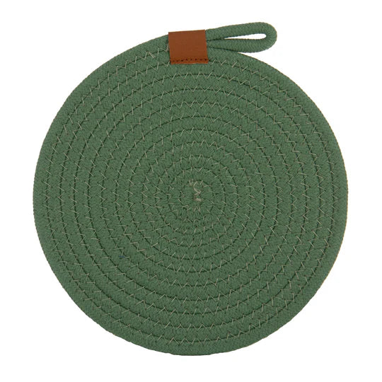 Nash Green Set of 2 Trivets. Two round woven trivets with brown straps on a white background