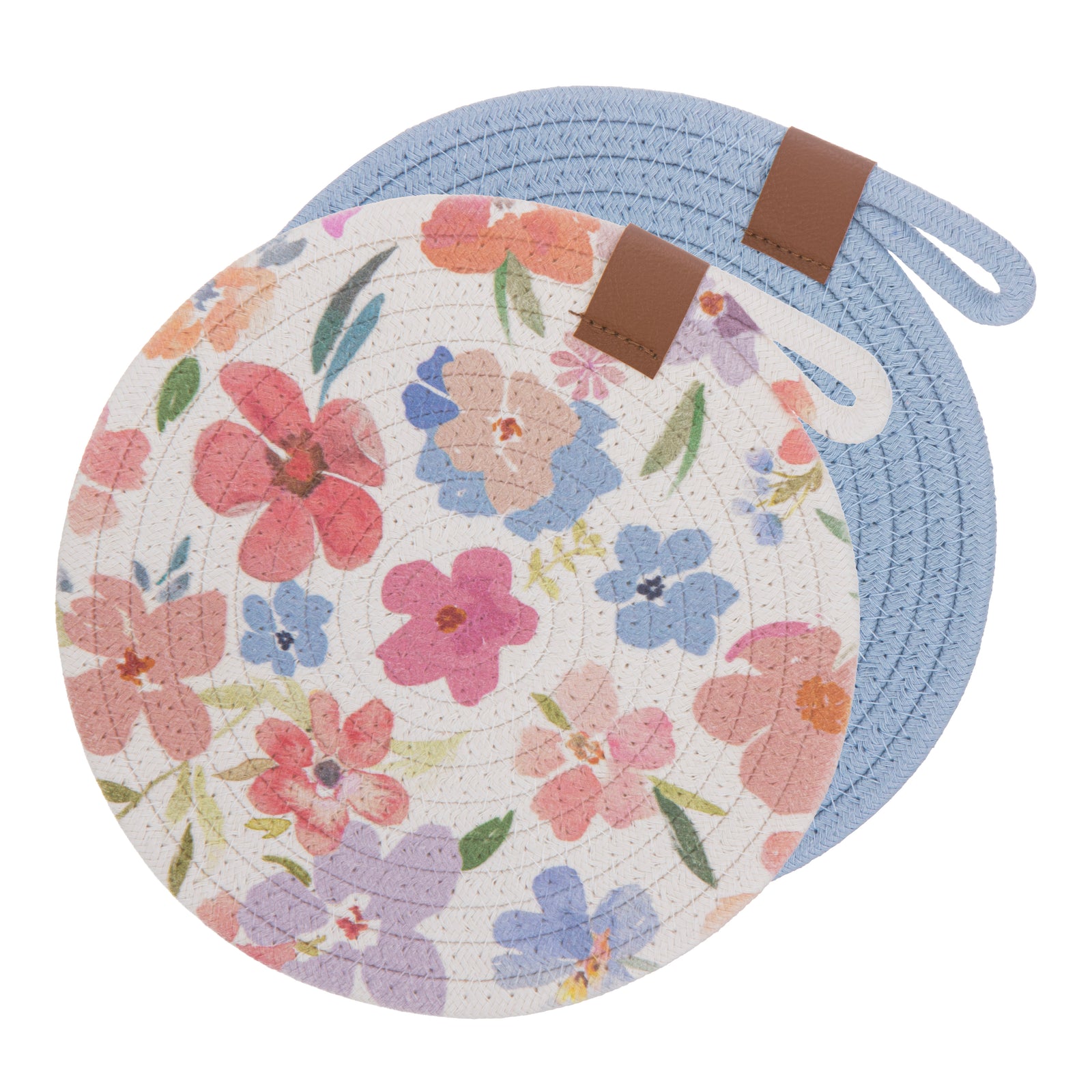 Floral-patterned potholder with a blue handle on a white background