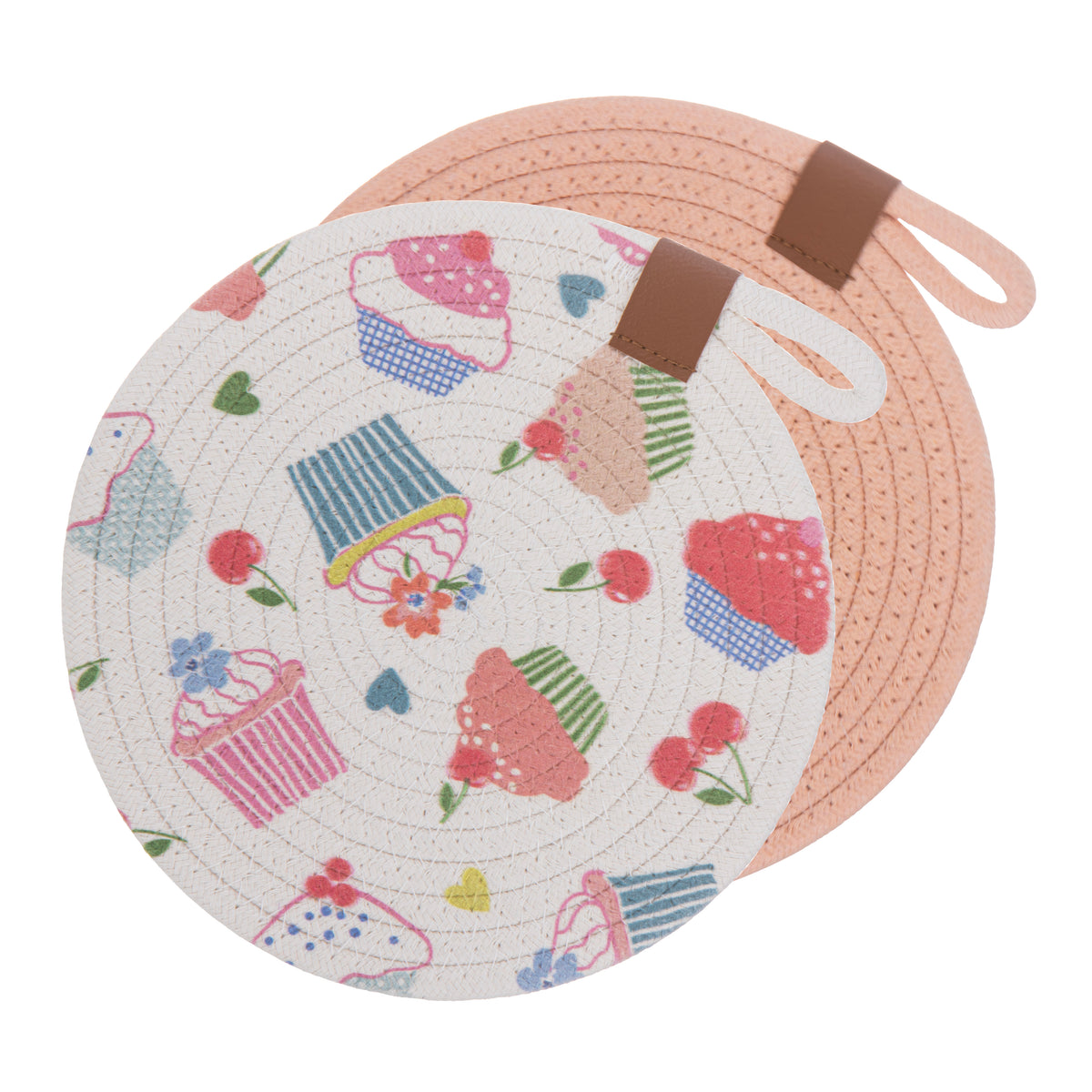Round potholder with colorful cupcake pattern on a white background