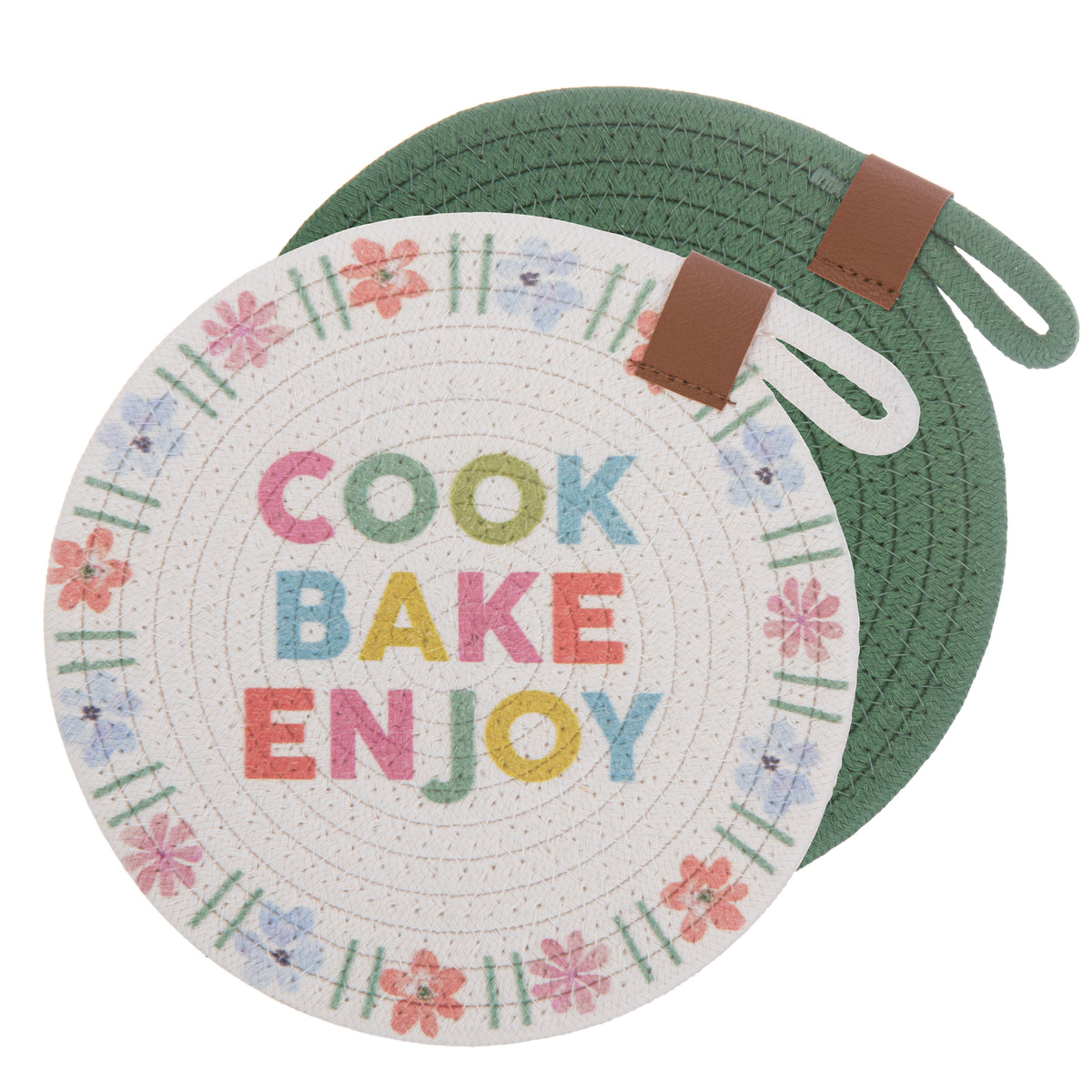 Round trivet with 'Cook Bake Enjoy' text and floral patterns on a white background
