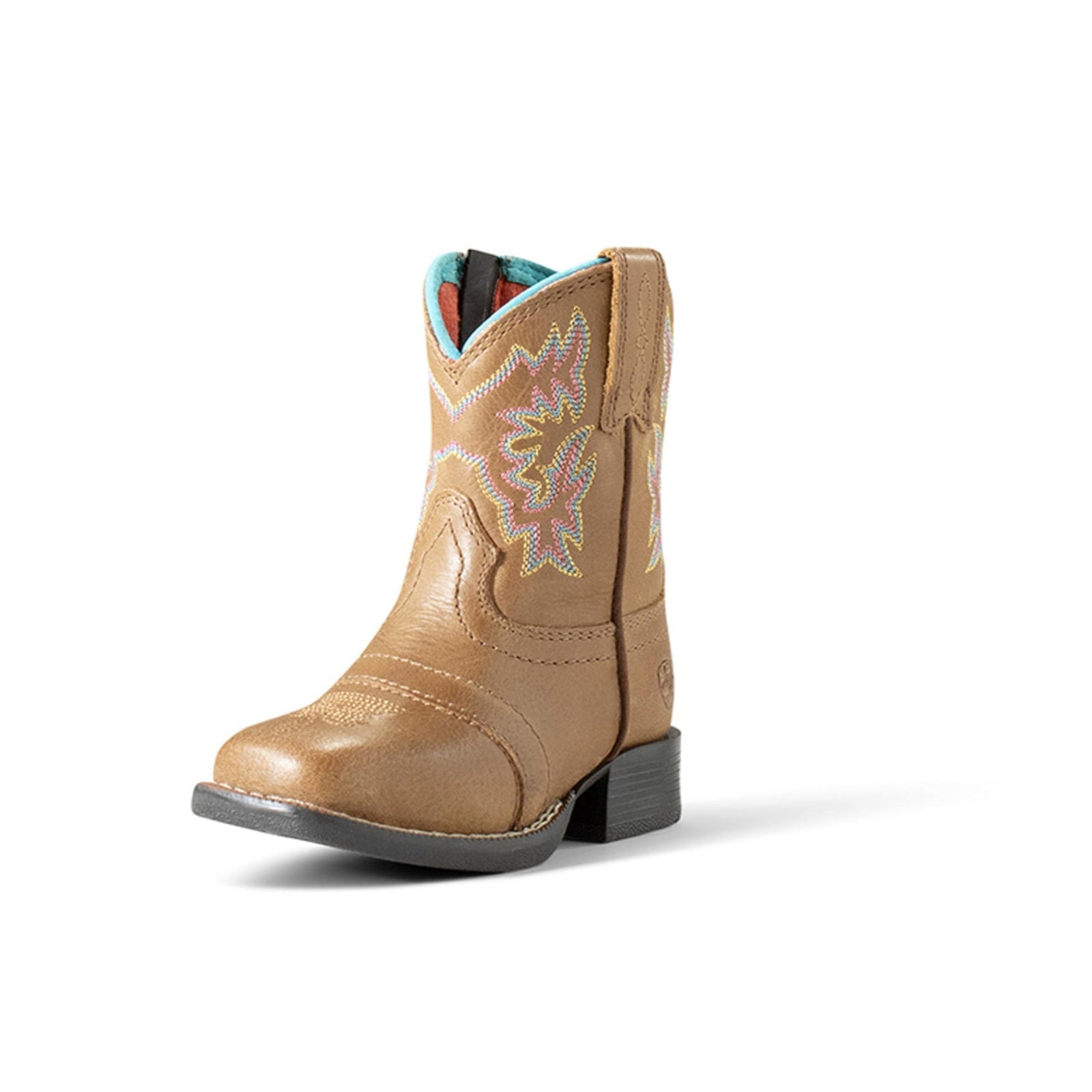 Ariat Delilah Toddler Lil' Stomper Cowboy Boot. Tan cowboy boot with decorative stitching on a white background
