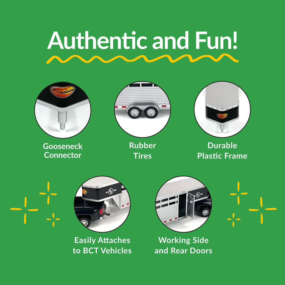 Big Country Sundowner Livestock Trailer. Promotional graphic highlighting features of a trailer on a green background with text 'Authentic and Fun!'.