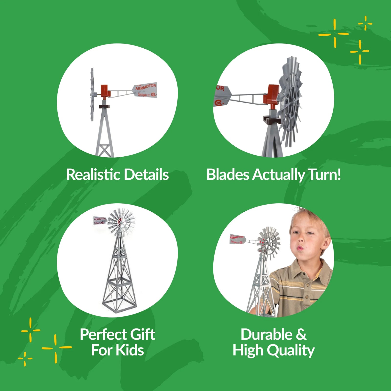 Big Country Toys Aeromotor Windmill. Promotional graphic for a windmill toy with features listed on a green background.