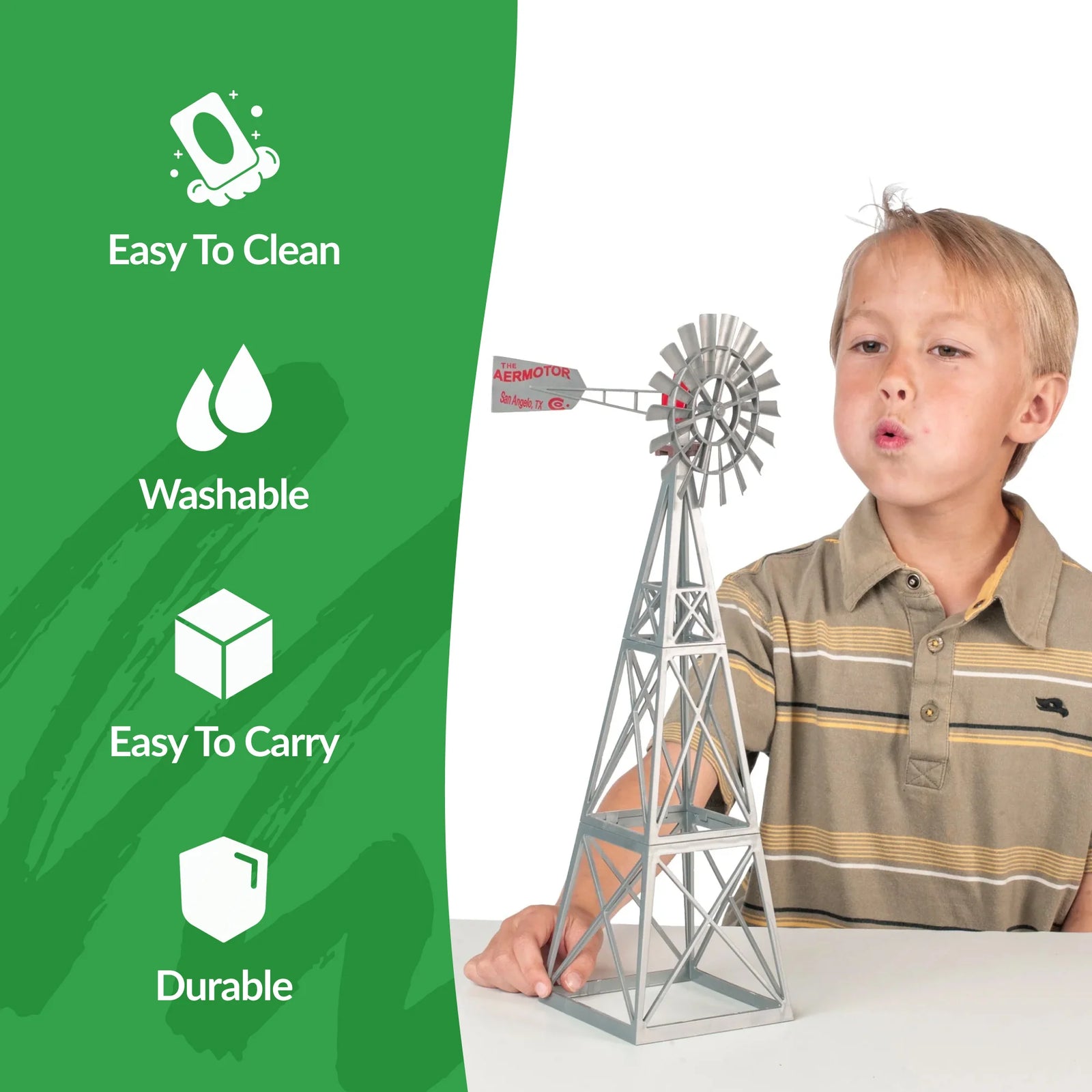 Big Country Toys Aeromotor Windmill. Child playing with a windmill model on a white background with green text box on the left.