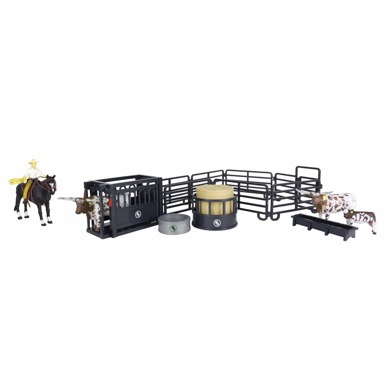 Big Country Toys 16-Piece Large Ranch Set. Toy set with a horse, cow, and farm accessories on a white background