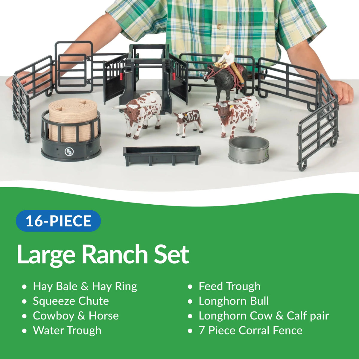 Big Country Toys 16-Piece Large Ranch Set. 16-piece large ranch set with toy animals and corral fence on a white background