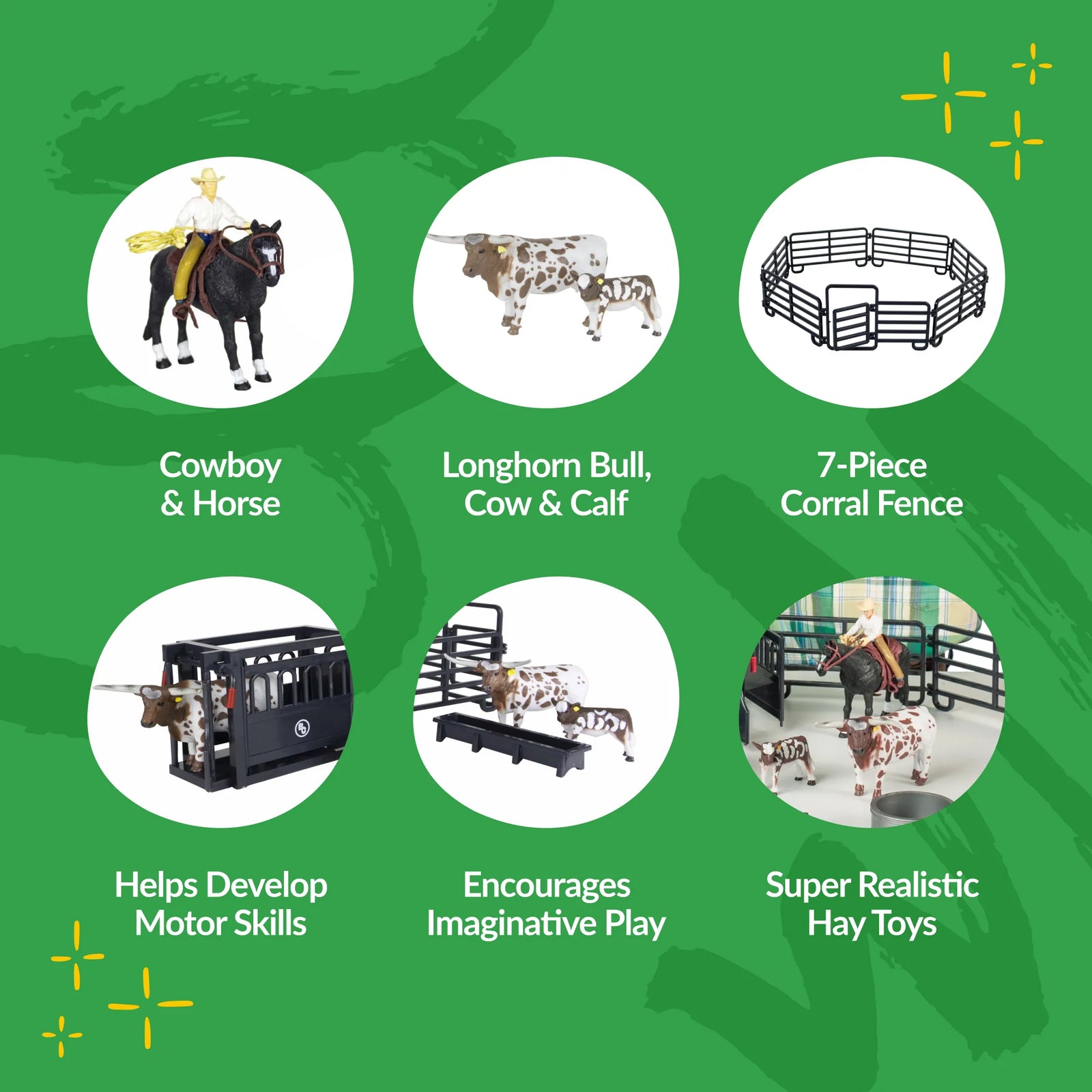 Big Country Toys 16-Piece Large Ranch Set. Set of toy animals and playsets on a green background with text describing their features.