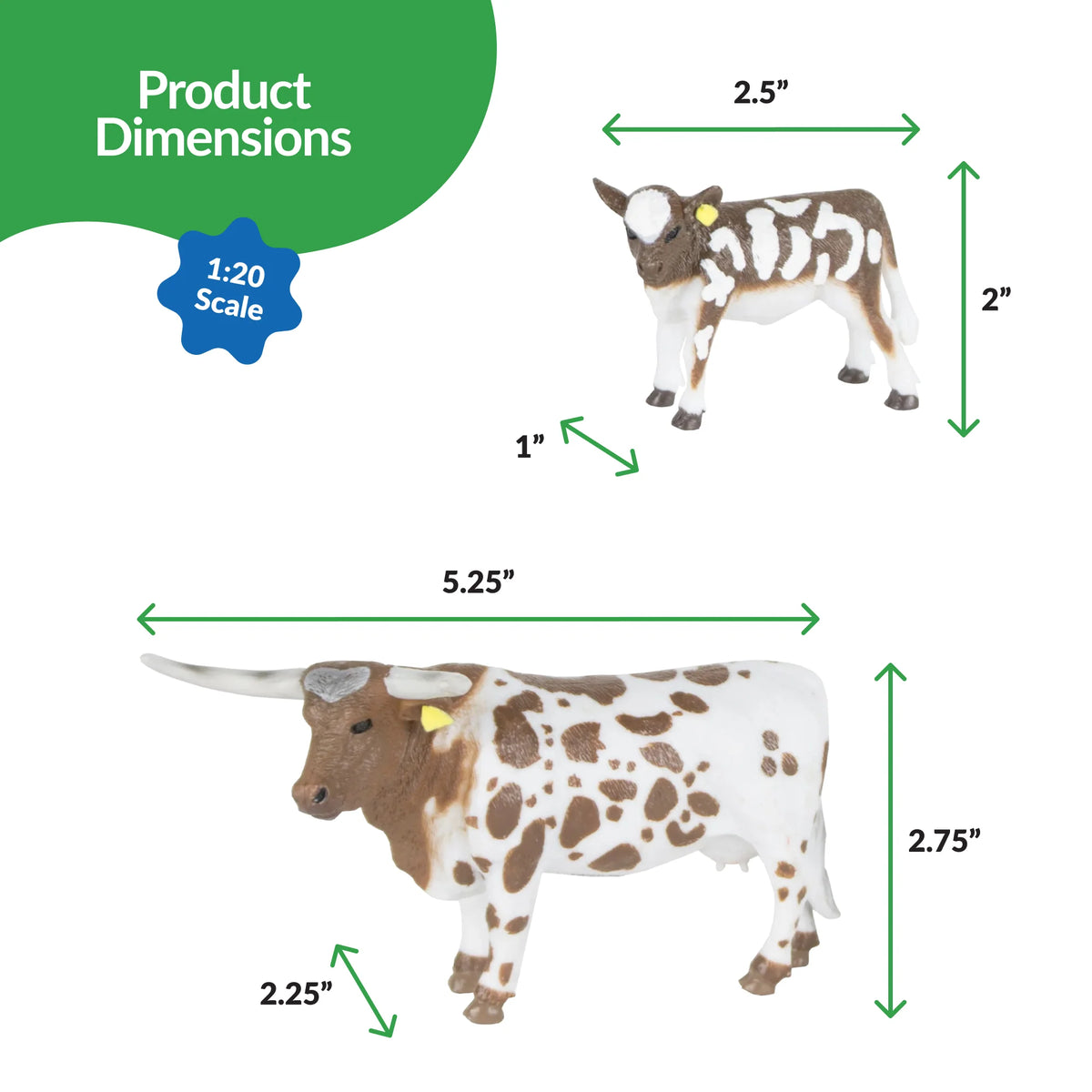 Big Country Toys 16-Piece Large Ranch Set. Product dimensions of a cow figure with scale and measurement details on a white background.