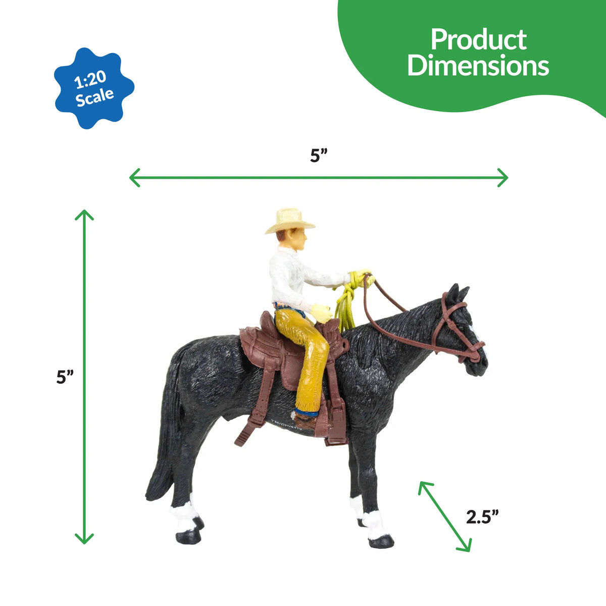 Big Country Toys 16-Piece Large Ranch Set. Toy figure of a person riding a horse with dimensions indicated on a white background