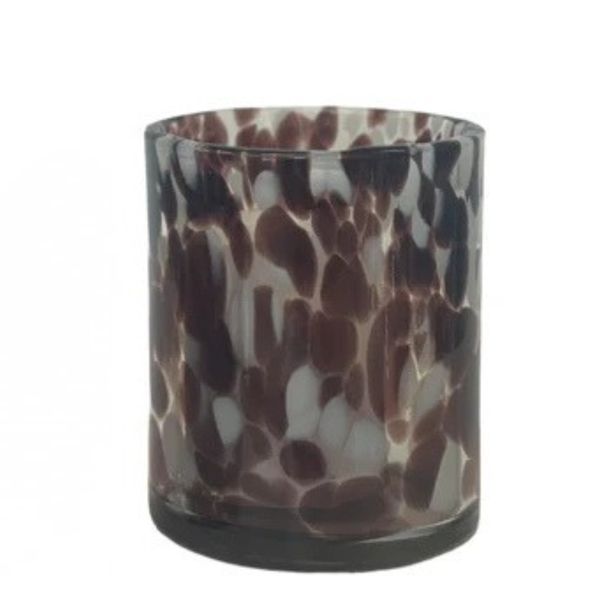 A cylindrical glass candle holder or tumbler with a dark brown and white mottled, organic pattern, shown against a plain white background.