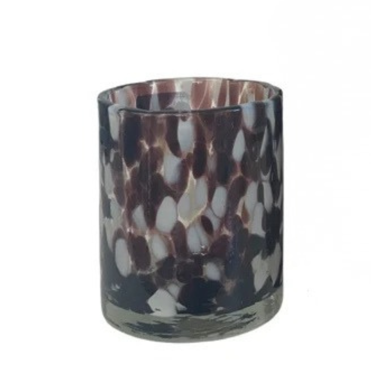 A small cylindrical glass candle holder or tumbler with a hammered texture, featuring a dark brown and white pebble pattern, shown on a plain white background.