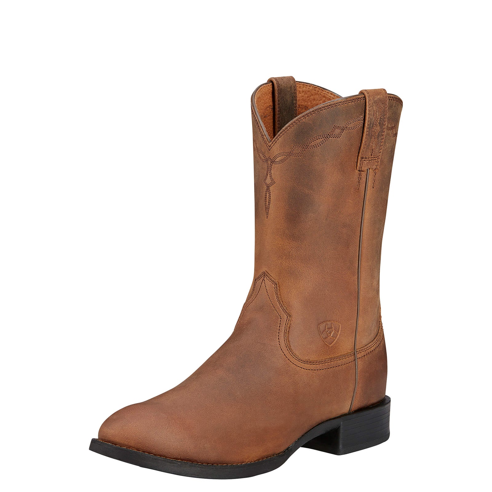 Ariat Men's Heritage Roper Western Boot. A brown Ariat men's heritage roper western boot with a square toe and low heel.